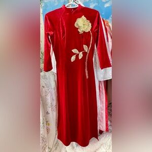 Ao dai nhung velvet red cach tan, Vietnamese modern long dress set s m 2 0 🎁